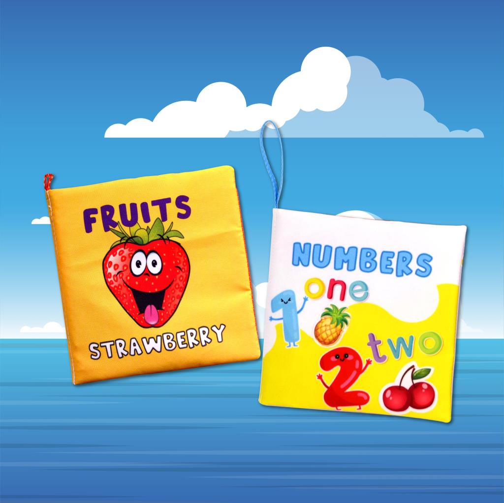 CLZ247 2 Kitap  İngilizce Meyveler ve Rakamlar Kumaş Sessiz Kitap