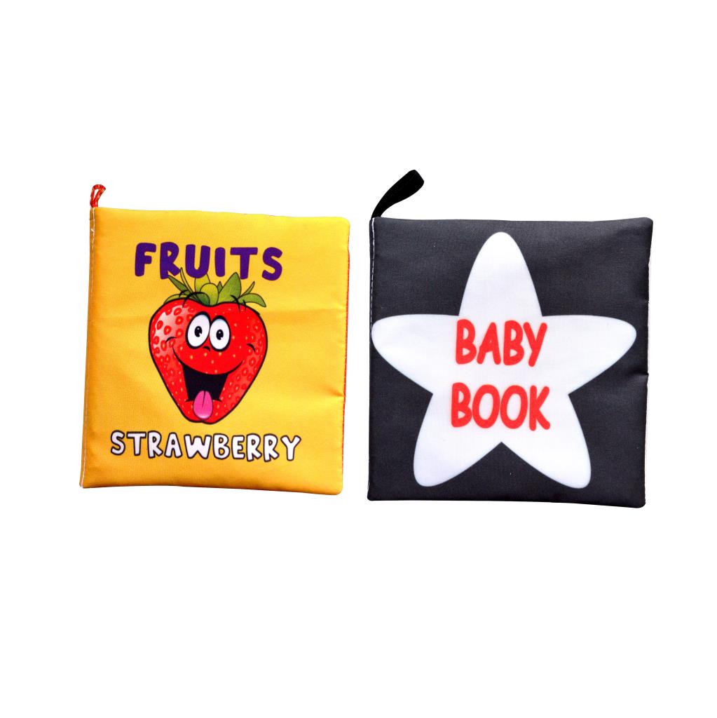 CLZ247 2 Kitap  İngilizce Meyveler ve Siyah - Beyaz Bebek Kumaş Sessiz Kitap