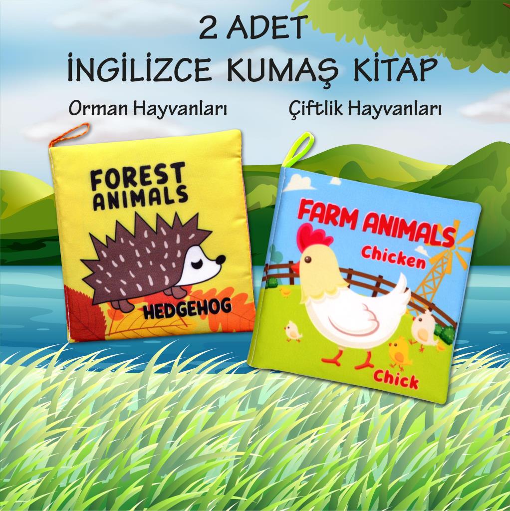 CLZ247 2 Kitap  İngilizce Orman Hayvanları ve Çiftlik Hayvanları Kumaş Sessiz Kitap