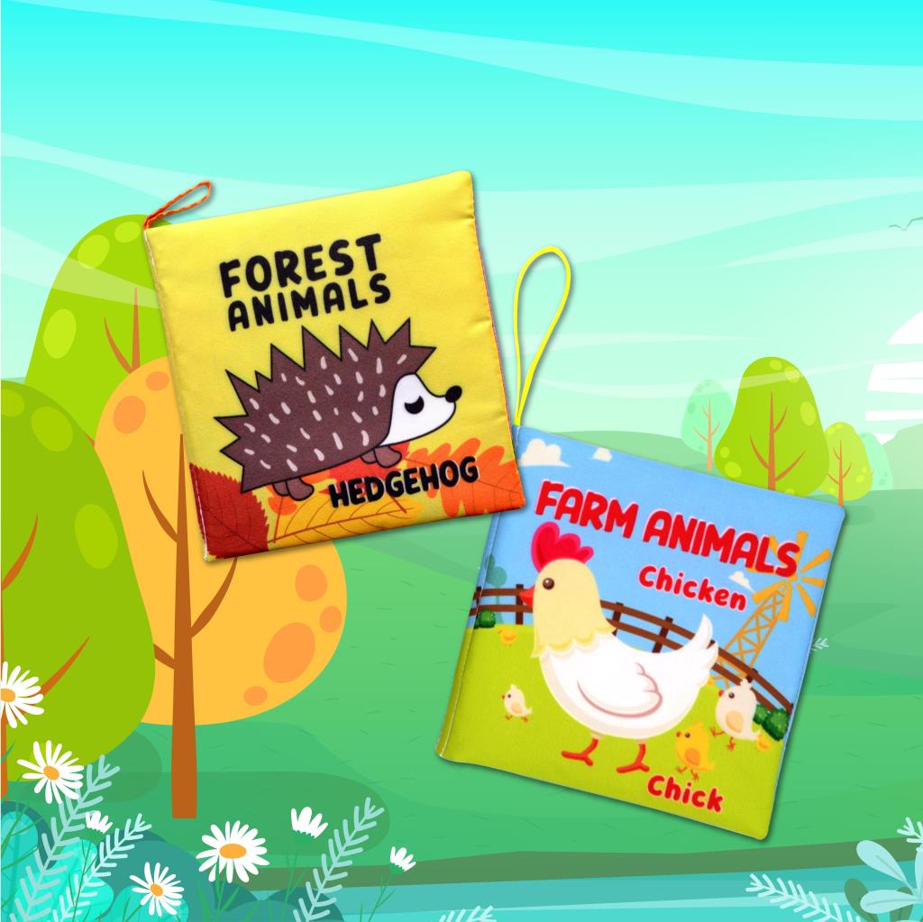 CLZ247 2 Kitap  İngilizce Orman Hayvanları ve Çiftlik Hayvanları Kumaş Sessiz Kitap