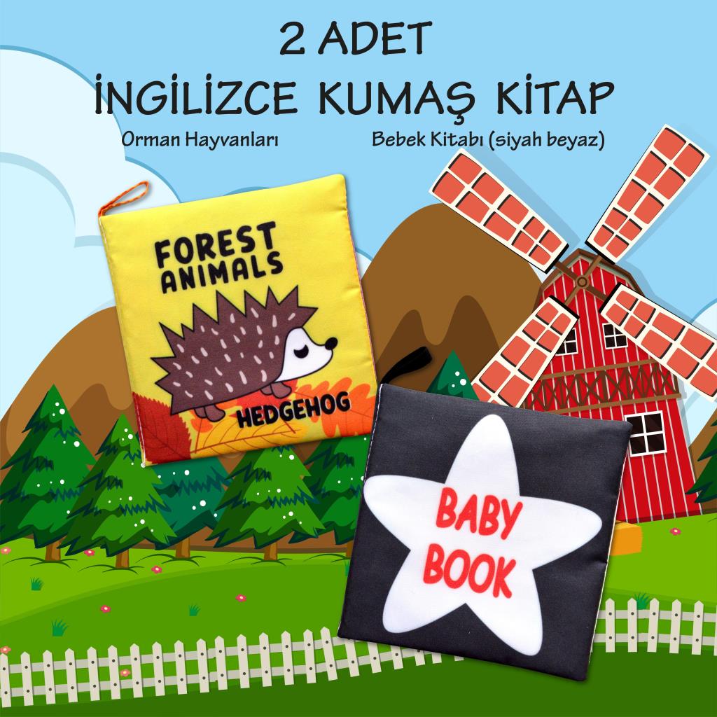 CLZ247 2 Kitap  İngilizce Orman Hayvanları ve Siyah Beyaz Bebek Kumaş Sessiz Kitap