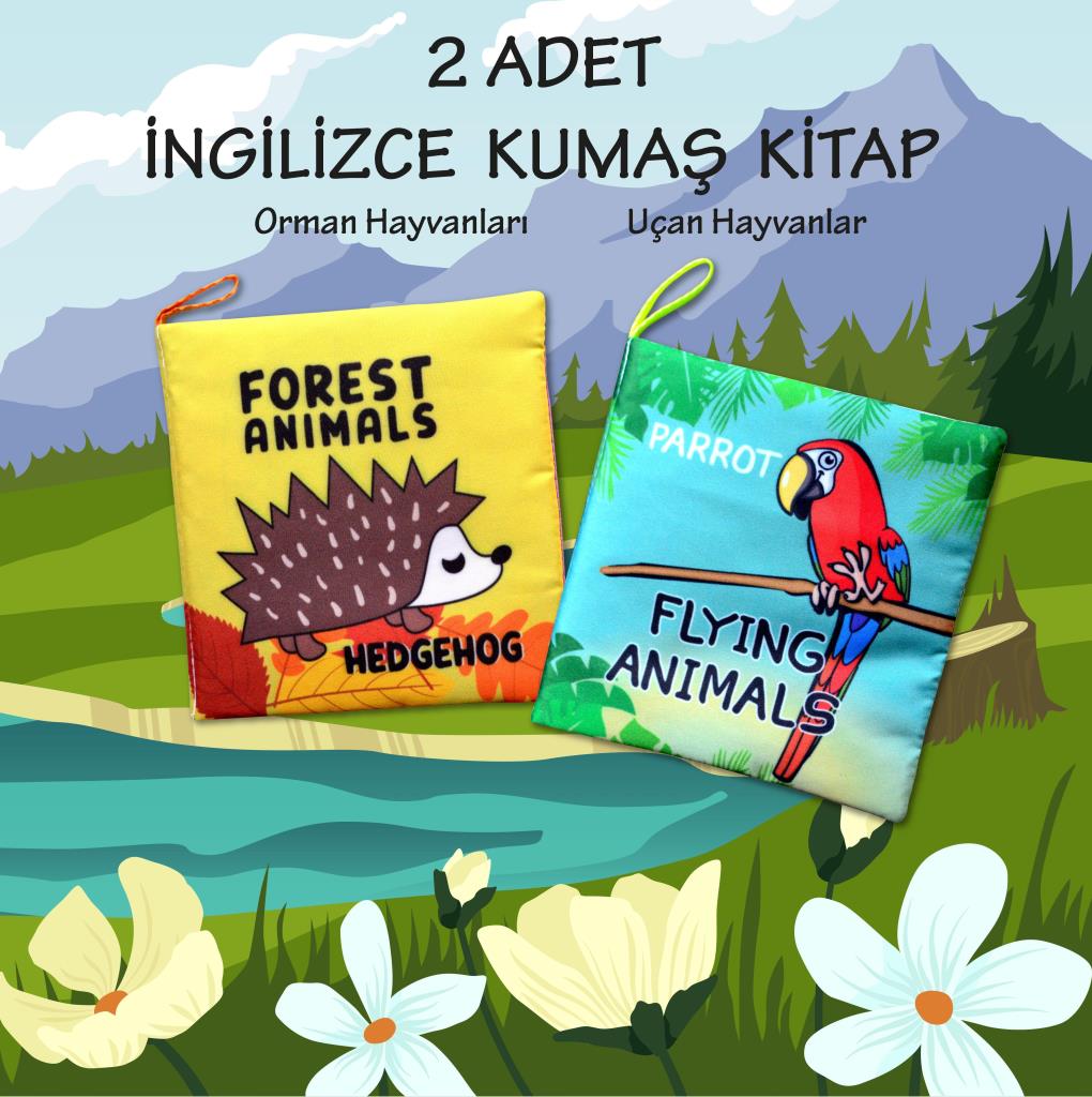CLZ247 2 Kitap  İngilizce Orman Hayvanları ve Uçan Hayvanlar Kumaş Sessiz Kitap