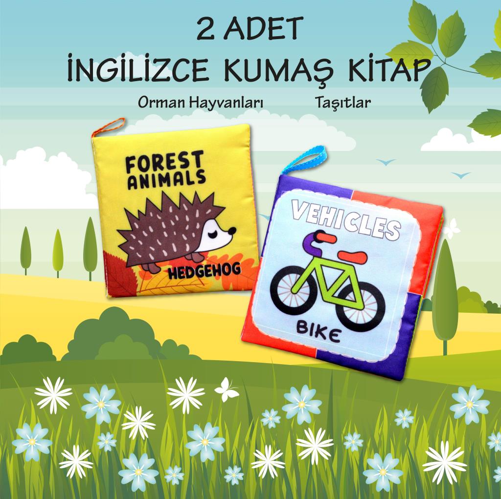 CLZ247 2 Kitap  İngilizce Orman Hayvanları ve Taşıtlar Kumaş Sessiz Kitap
