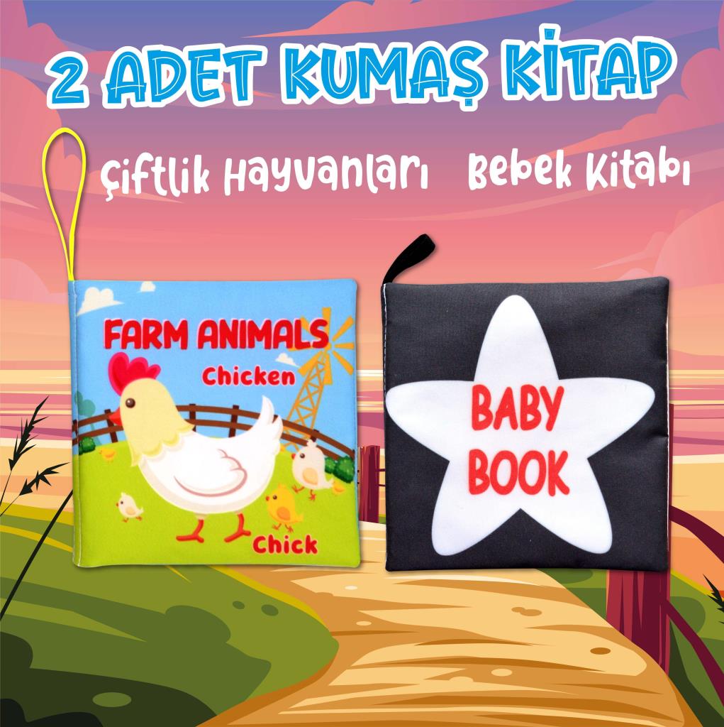 CLZ247 2 Kitap  İngilizce Çiftlik Hayvanları ve Siyah-Beyaz Bebek Kumaş Sessiz Kitap