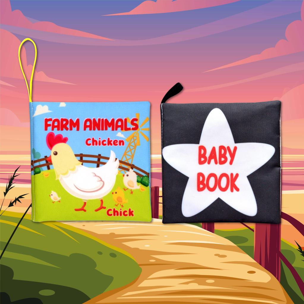 CLZ247 2 Kitap  İngilizce Çiftlik Hayvanları ve Siyah-Beyaz Bebek Kumaş Sessiz Kitap