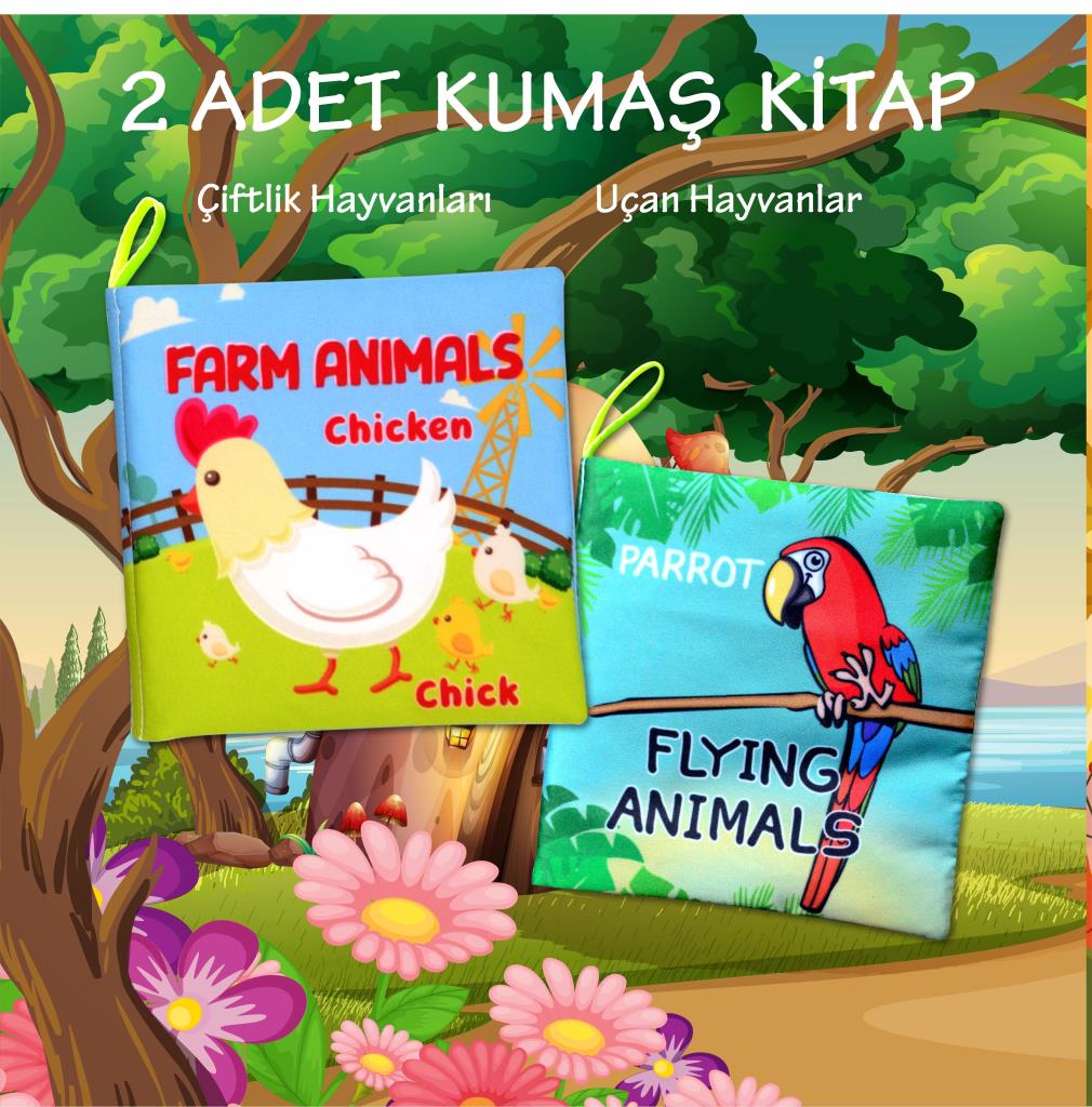 CLZ247 2 Kitap  İngilizce Çiftlik Hayvanları ve Uçan Hayvanlar Kumaş Sessiz Kitap