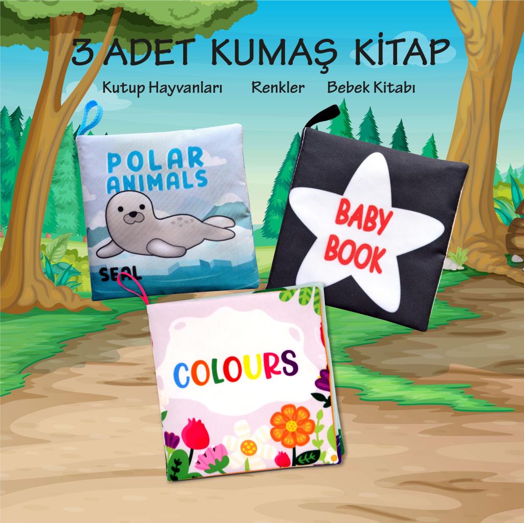 CLZ247 3 Kitap  İngilizce Kutup Hayvanları , Renkler ve Siyah Beyaz Bebek Kumaş Sessiz Kitap