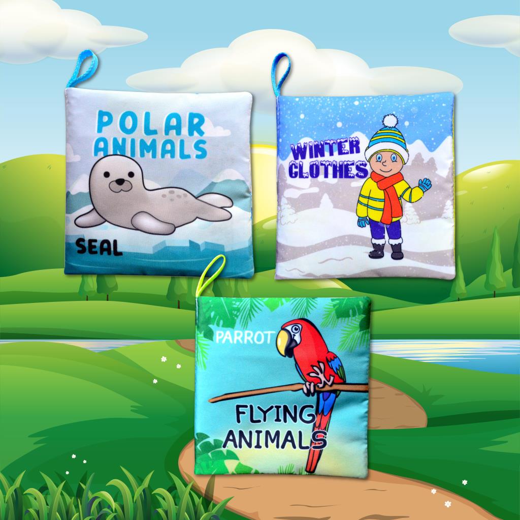 CLZ247 3 Kitap  İngilizce Kutup Hayvanları , Uçan Hayvanlar ve Kışlık Giysiler Kumaş Sessiz Kitap