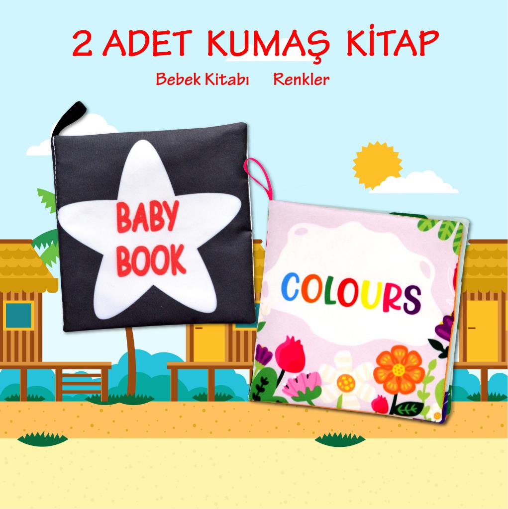 CLZ247 2 Kitap  İngilizce Renkler ve Siyah Beyaz Bebek Kumaş Sessiz Kitap
