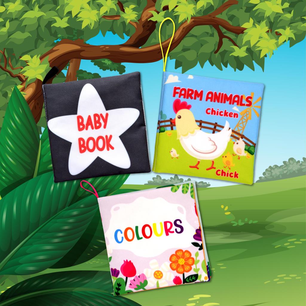 CLZ247 3 Kitap  İngilizce Siyah Beyaz Bebek , Renkler ve Çiftlik Hayvanları Kumaş Sessiz Kitap