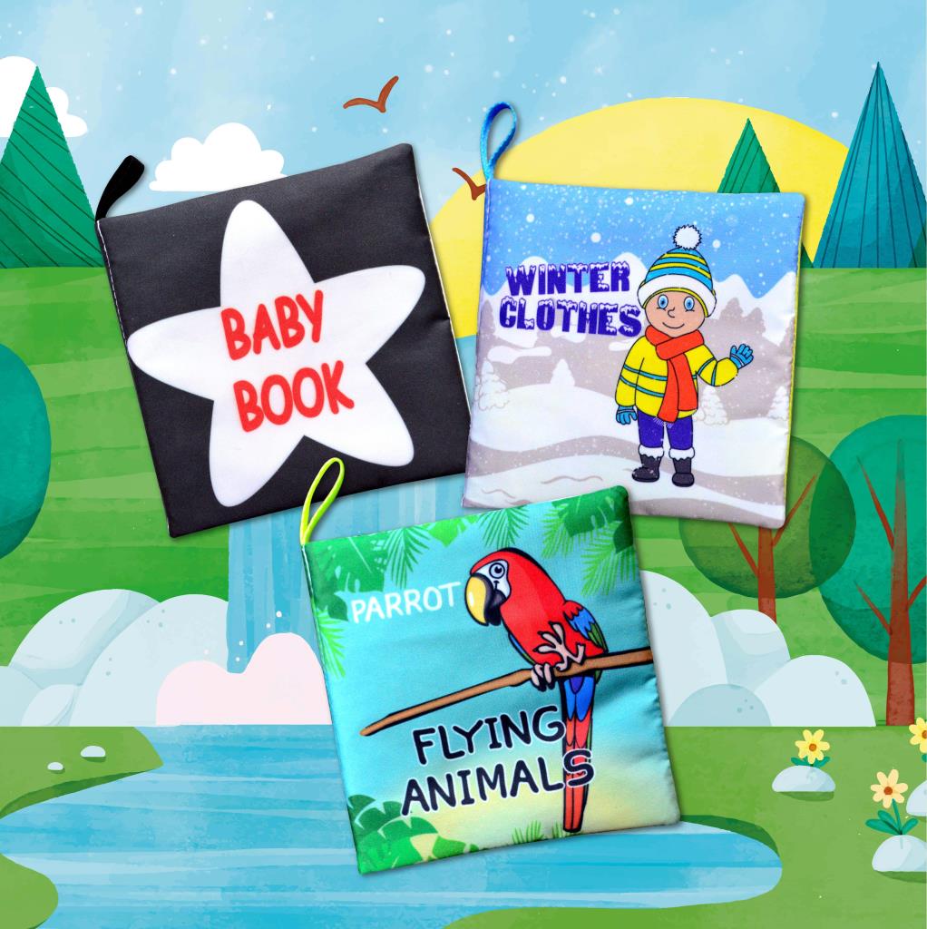 CLZ247 3 Kitap  İngilizce Siyah-Beyaz Bebek , Kışlık Giysiler ve Uçan Hayvanlar Kumaş Sessiz Kitap
