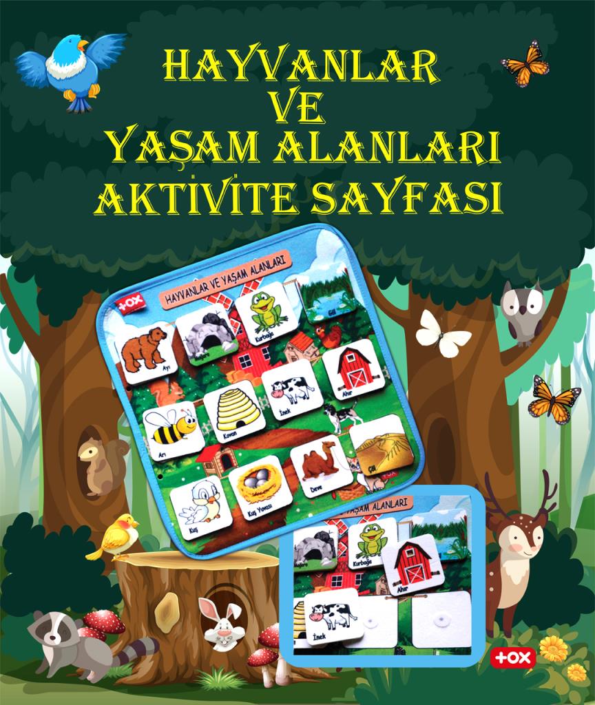 CLZ247  ( Hayvanlar ve Yaşam Alanları ) Keçe Cırtlı Aktivite Sayfası - Çocuk Etkinlik , Eğitici Oyuncak