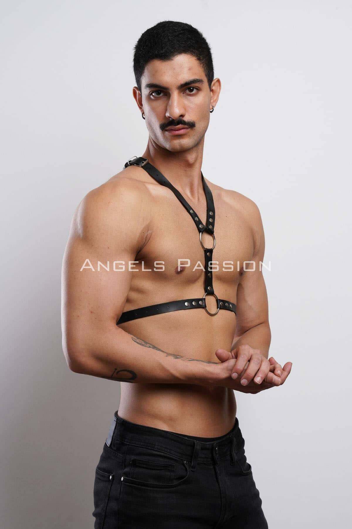 CLZ41 Perçin Detaylı Erkek Göğüs Harness, Erkek Parti Aksesuar - Ürün Rengi:Siyah