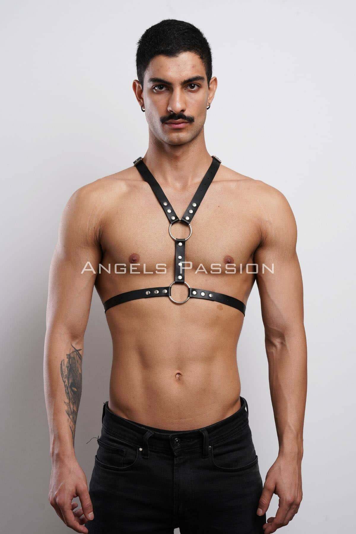 CLZ41 Perçin Detaylı Erkek Göğüs Harness, Erkek Parti Aksesuar - Ürün Rengi:Siyah