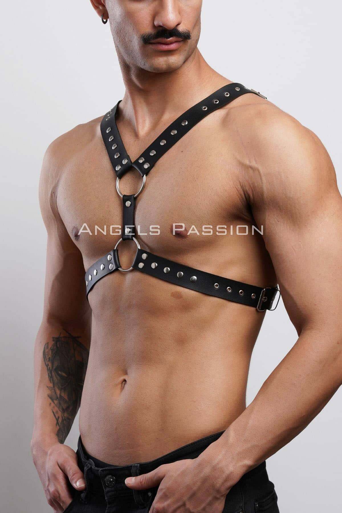 CLZ41 Perçin Detaylı Erkek Göğüs Harness, Erkek Parti Giyim - Ürün Rengi:Siyah