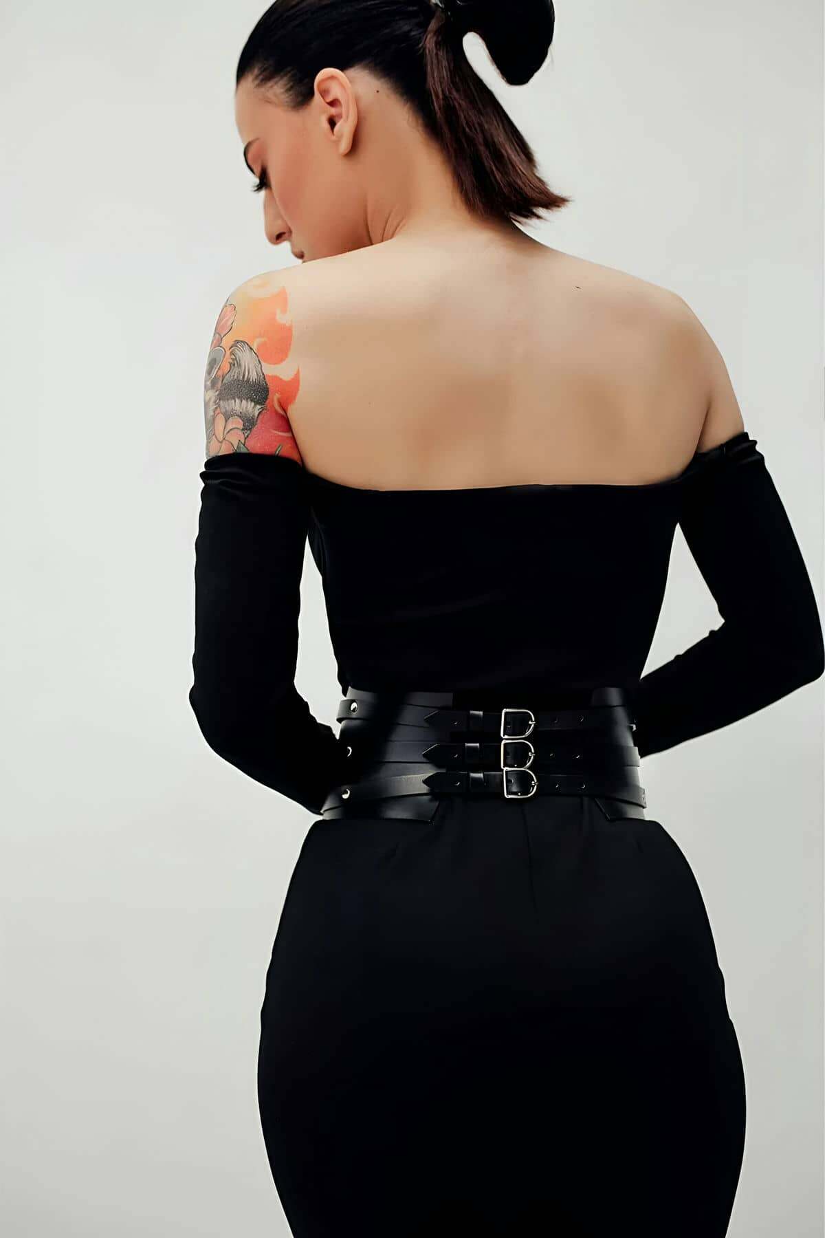 CLZ41 Perçin Detaylı, Şık Elbise Üzeri Deri Korse Kemer, Elbise Kemeri - Ürün Rengi:Siyah