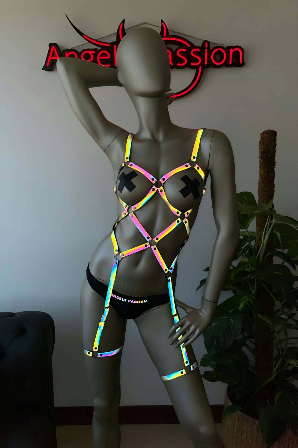 Pole Dans Giyim Işıkla Yansıyan Seksi Harness - Ürün Rengi:Rainbow Reflektör