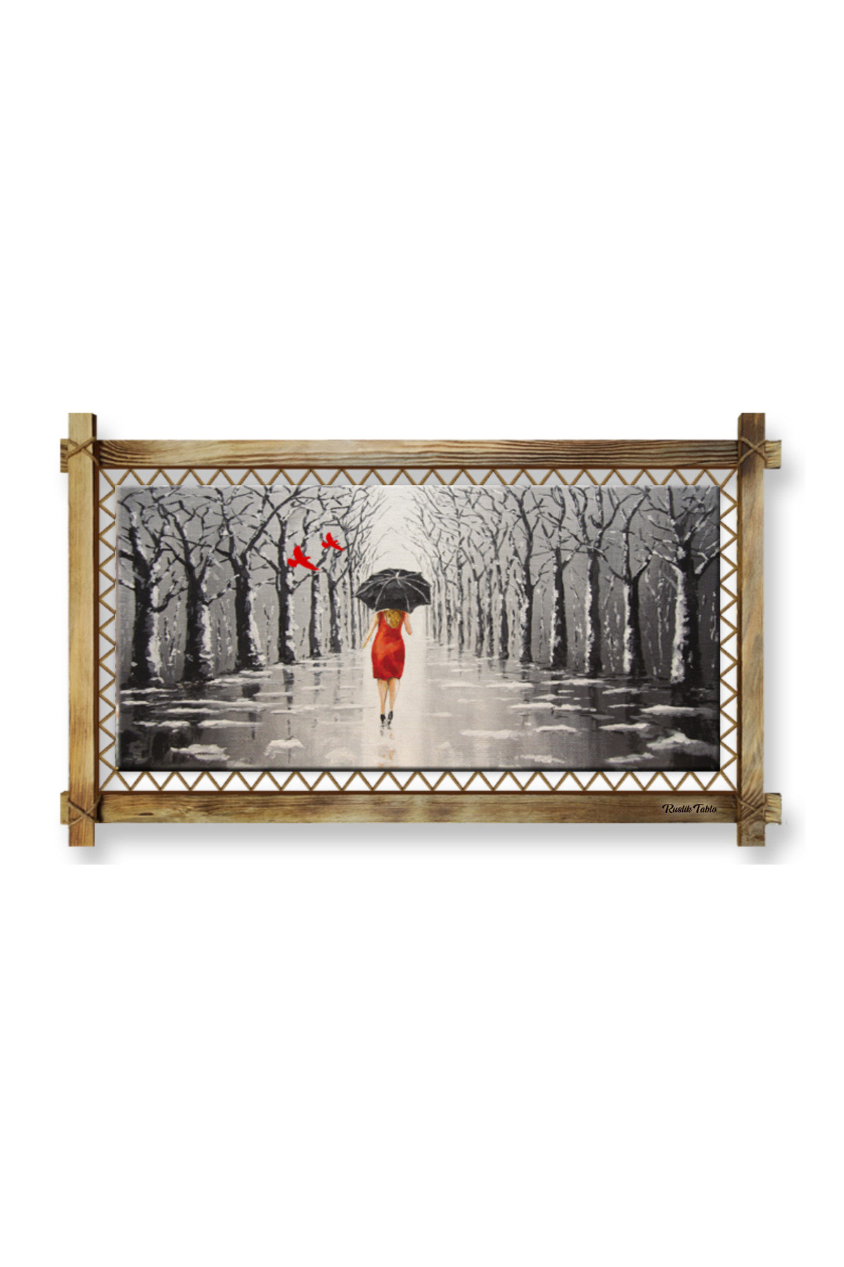 CLZ104 Şemsiyeli Kadın LED IŞIKLI RUSTİK kanvas tablo B  (96 x 66) cm