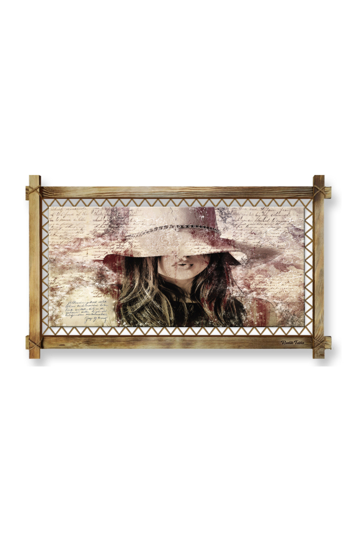 CLZ104 Şapkalı Kadın LED IŞIKLI RUSTİK kanvas tablo B  (96 x 66) cm