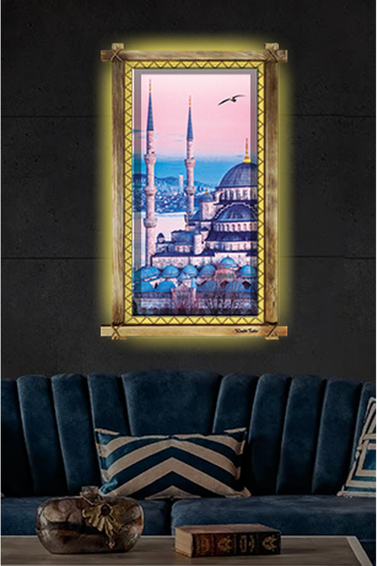 CLZ104 İstanbul Camii LED IŞIKLI RUSTİK kanvas tablo B  (96 x 66) cm