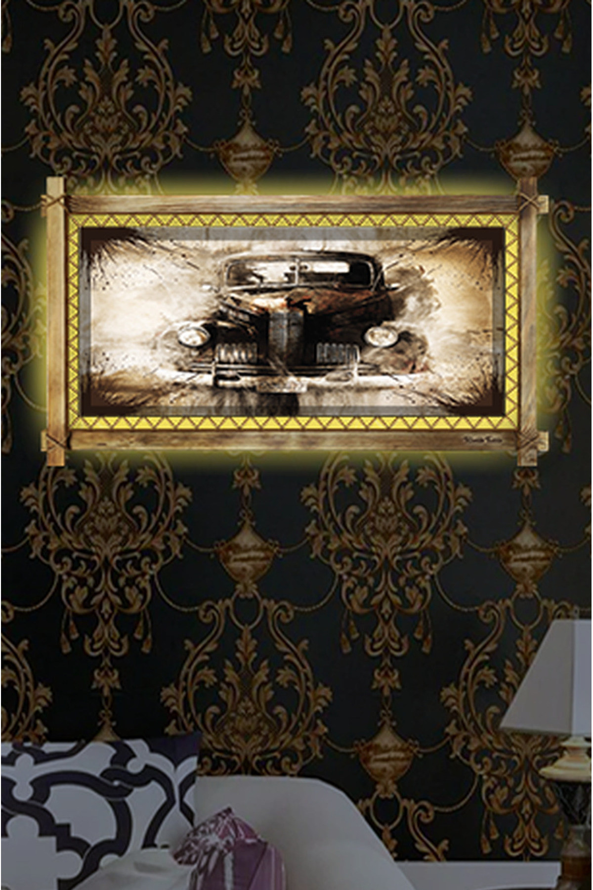 CLZ104 Antika Araba LED IŞIKLI RUSTİK kanvas tablo B  (96 x 66) cm