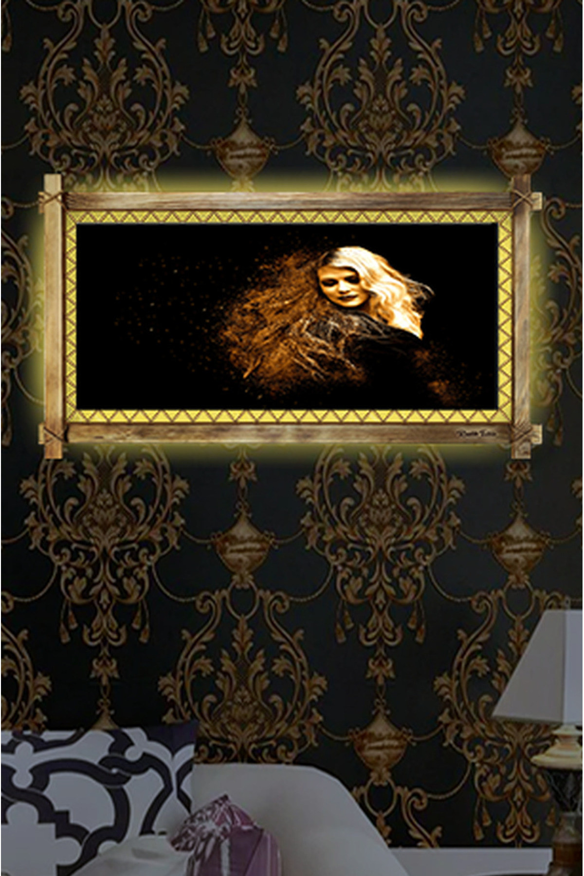CLZ104 Soyut Kadın LED IŞIKLI RUSTİK kanvas tablo B  (96 x 66) cm