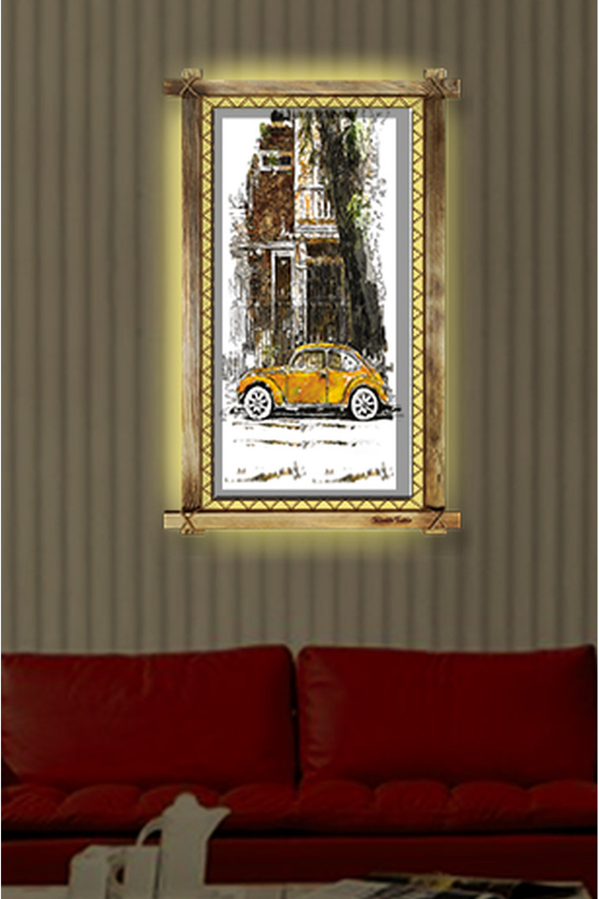 CLZ104 Sarı Araba  LED IŞIKLI RUSTİK kanvas tablo O  (96 x 56) cm