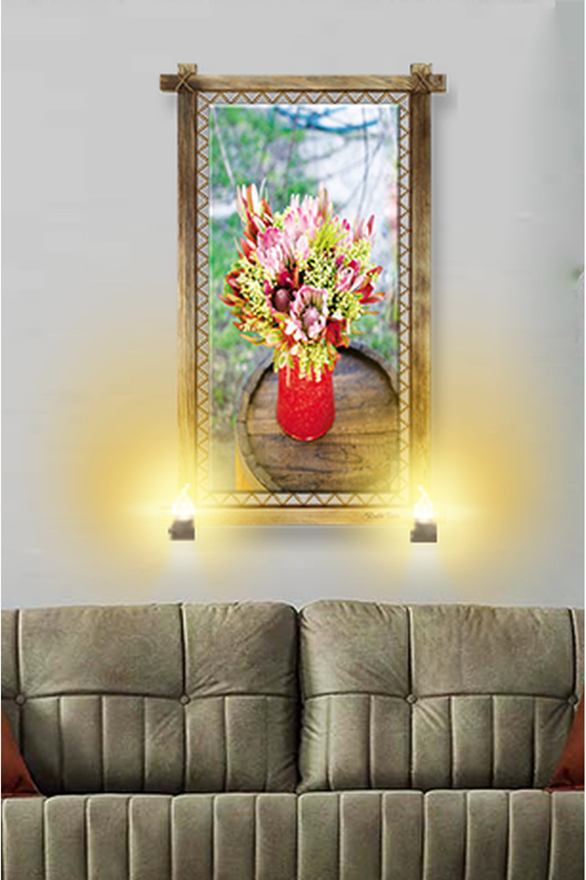 CLZ104  RUSTİK IŞIKLI Çiçek Vazo Kanvas Rustik Tablo B  (66 x 45) cm