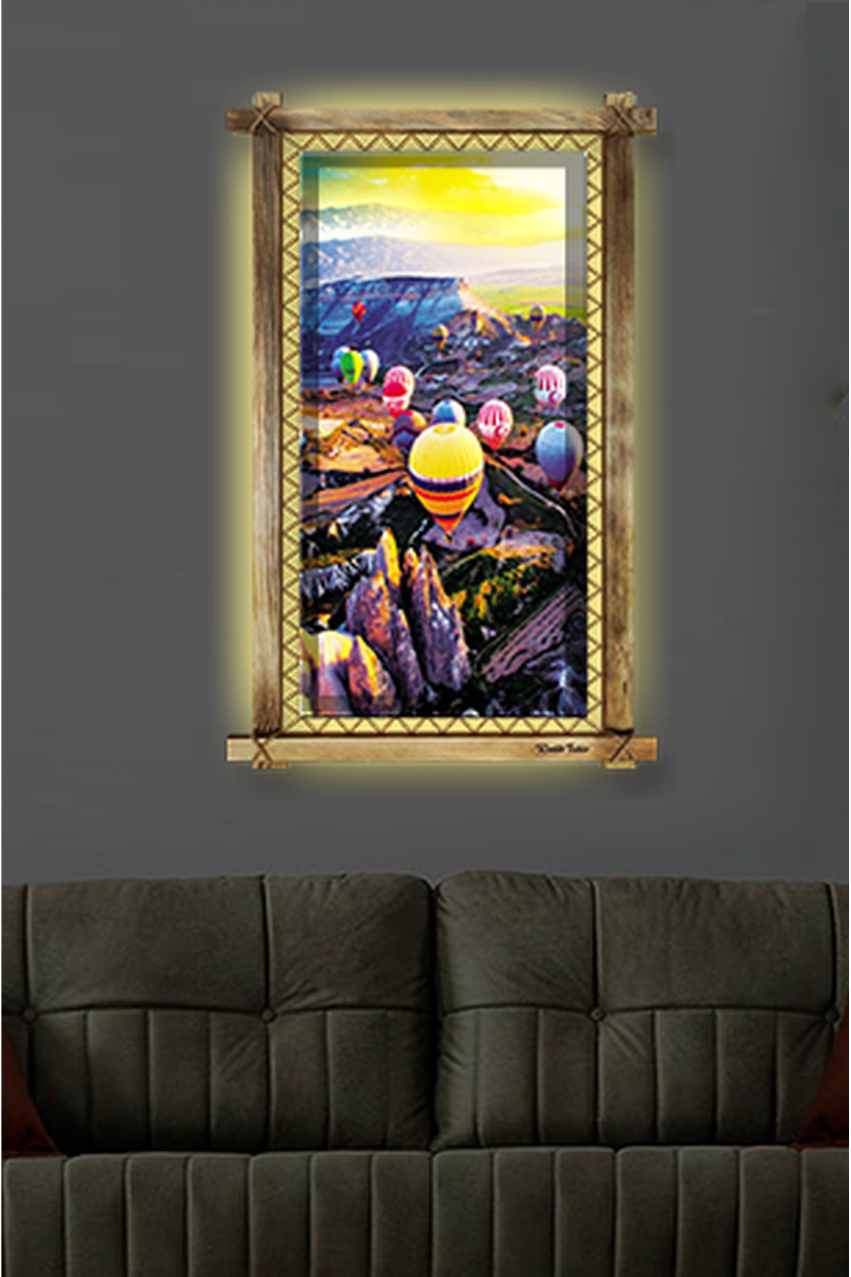 CLZ104 Kapadokya Uçan Balon LED IŞIKLI RUSTİK kanvas tablo B  (96 x 66) cm