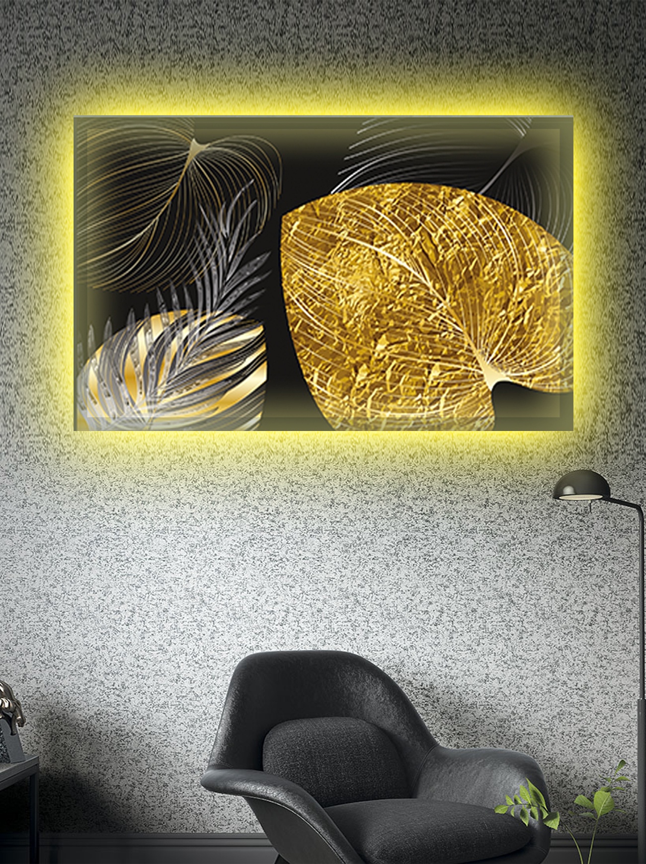 CLZ104 Led Işıklı Gold Siyah Yaprak Tablo  (50 x 35) cm