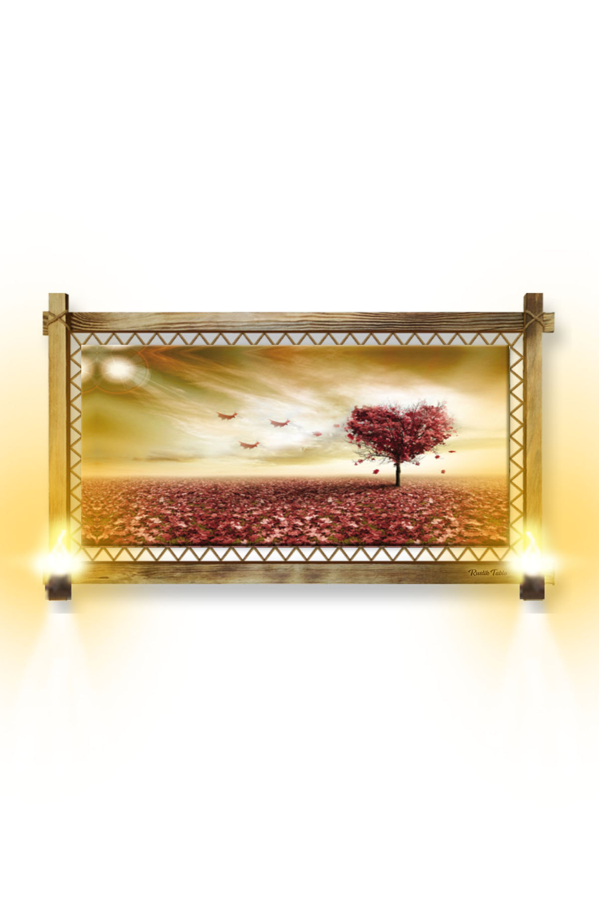 CLZ104  RUSTİK IŞIKLI Kalp Ağaç Kanvas Rustik Tablo B  (66 x 45) cm