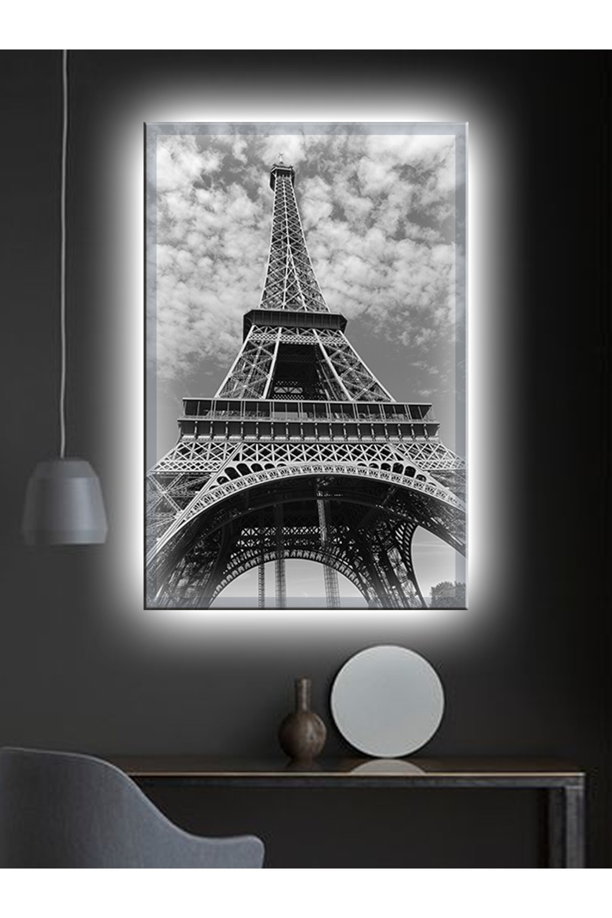 CLZ104 Led Işıklı Eyfel Kulesi Siyah Beyaz (Ofis, İşyeri,)  (70 x 50) cm