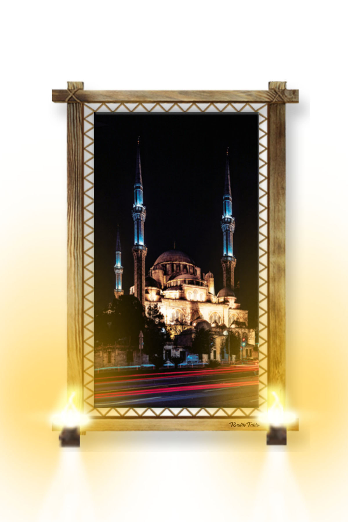 CLZ104  RUSTİK IŞIKLI Camii Kanvas Rustik Tablo K  (96 x 66) cm
