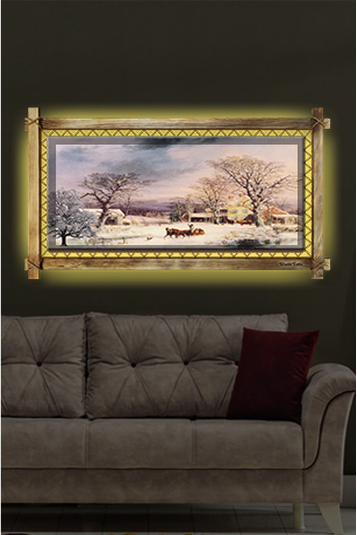 CLZ104 Kış Tablo LED IŞIKLI RUSTİK kanvas tablo B  (96 x 66) cm
