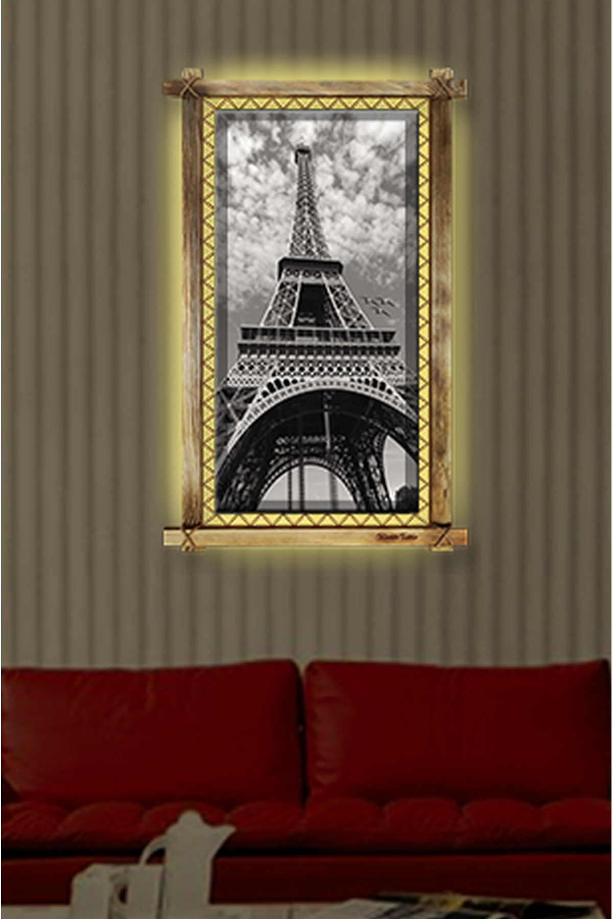 CLZ104 Eyfel Kulesi  LED IŞIKLI RUSTİK kanvas tablo B  (96 x 66) cm