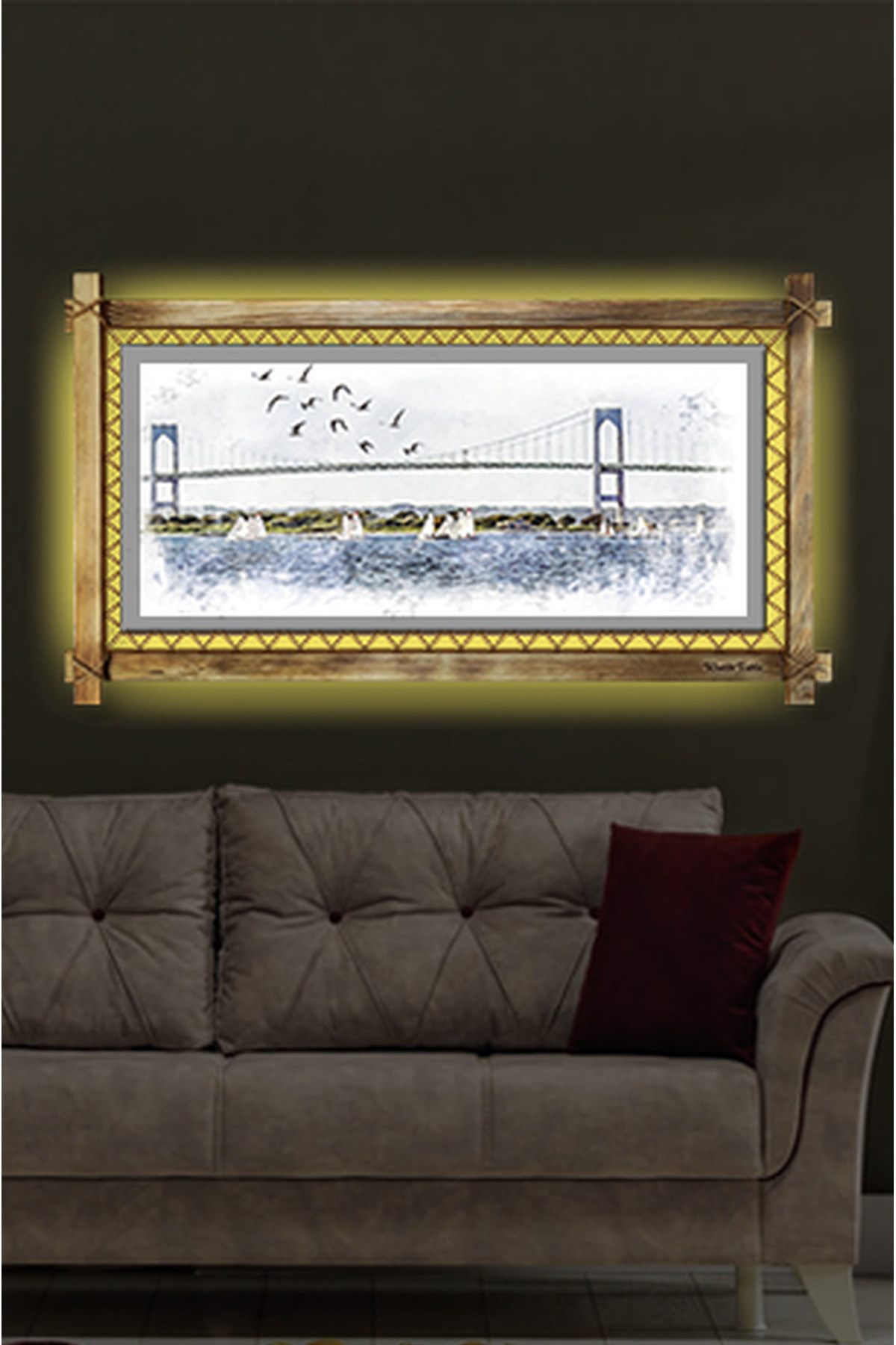 CLZ104 İstanbul Köprü LED IŞIKLI RUSTİK kanvas tablo K  (66 x 45) cm