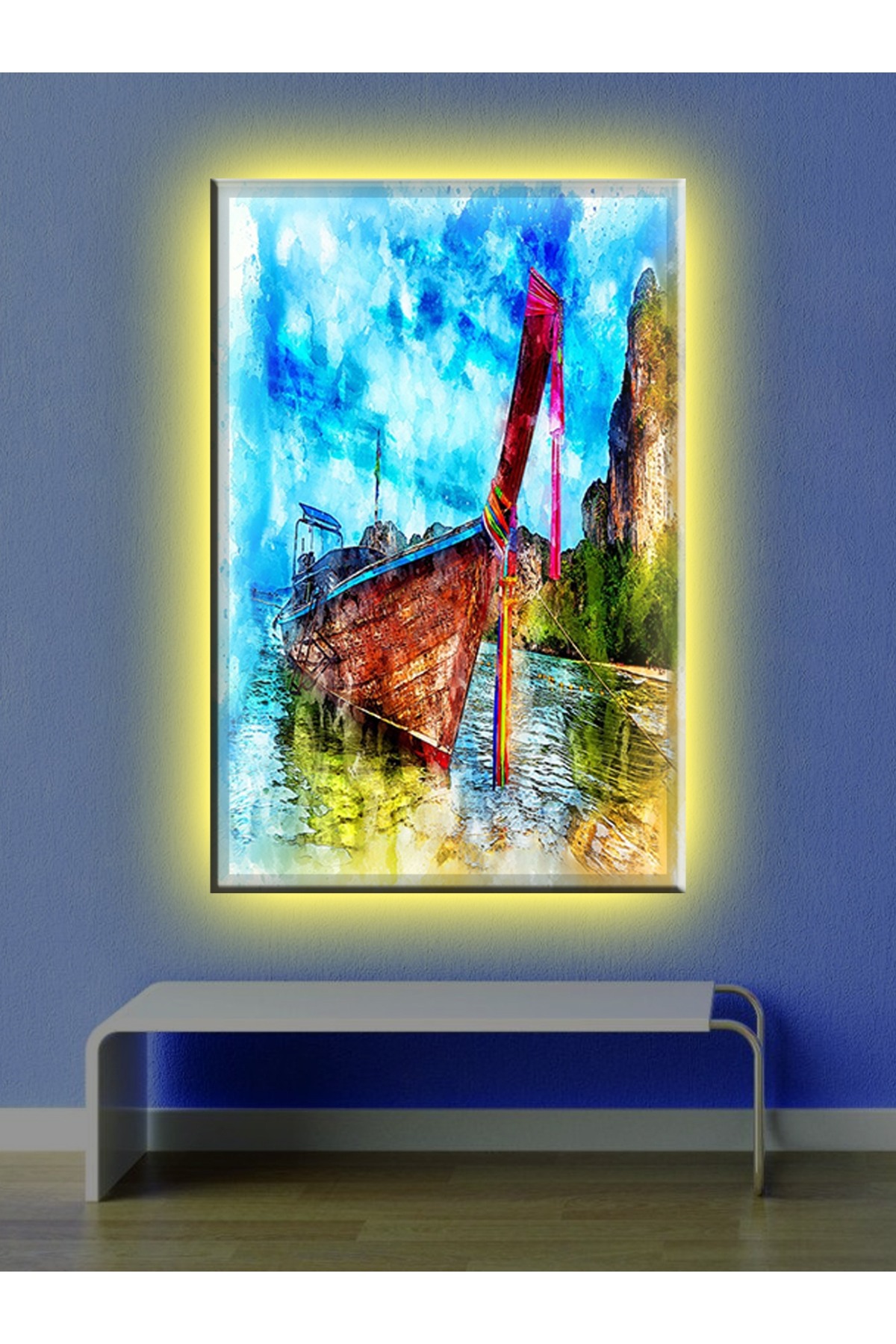CLZ104 Led Işıklı Kayık Yağlı Boya Tarzı Kanvas Tablo  (70 x 50) cm