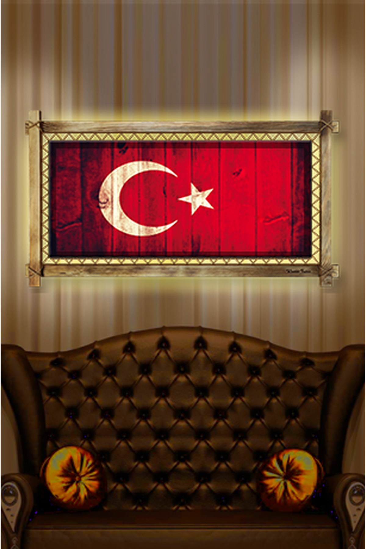 CLZ104 Türk Bayrağı  LED IŞIKLI RUSTİK kanvas tablo K  (66 x 45) cm