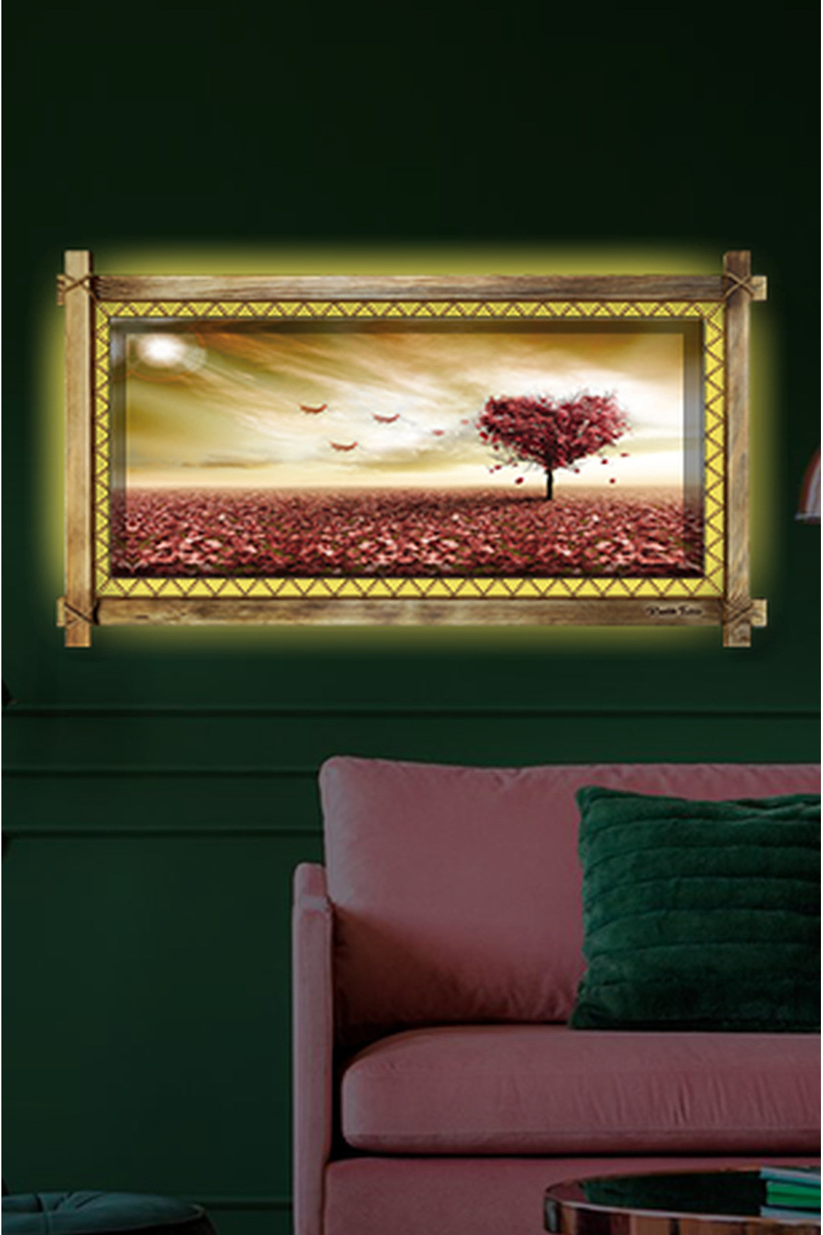 CLZ104 Kalp Ağaç LED IŞIKLI RUSTİK kanvas tablo B  (96 x 66) cm