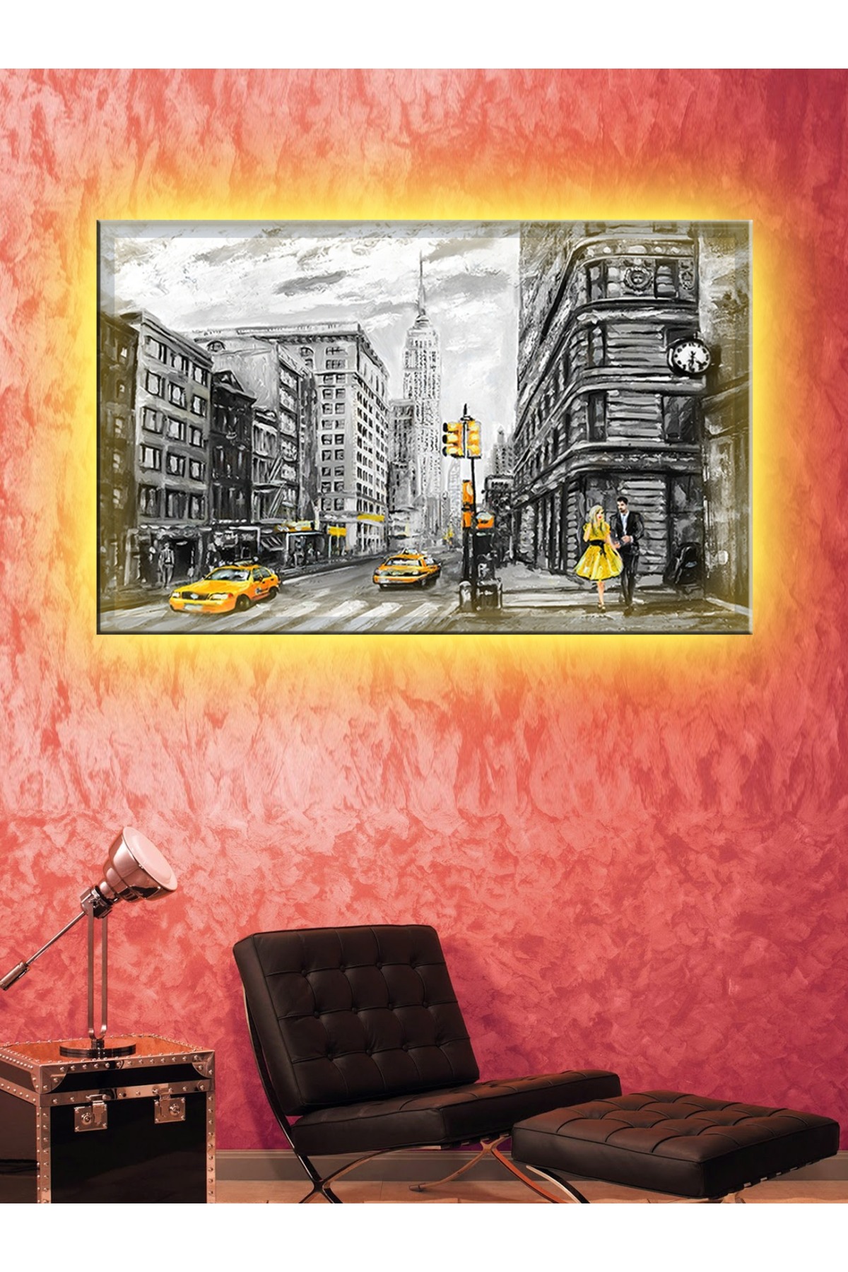 CLZ104 Led Işıklı Sanatsal Sarı Siyah Tablo  (70 x 50) cm