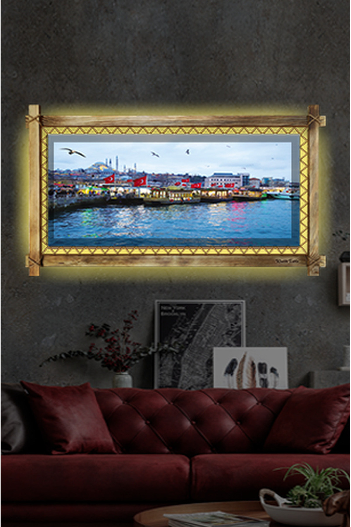 CLZ104 İstanbul Manzara LED IŞIKLI RUSTİK kanvas tablo O  (96 x 56) cm