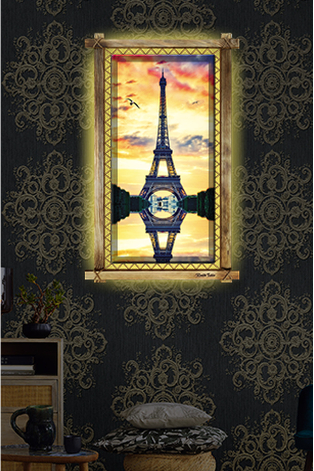CLZ104 Eyfel Kulesi LED IŞIKLI RUSTİK kanvas tablo B  (96 x 66) cm