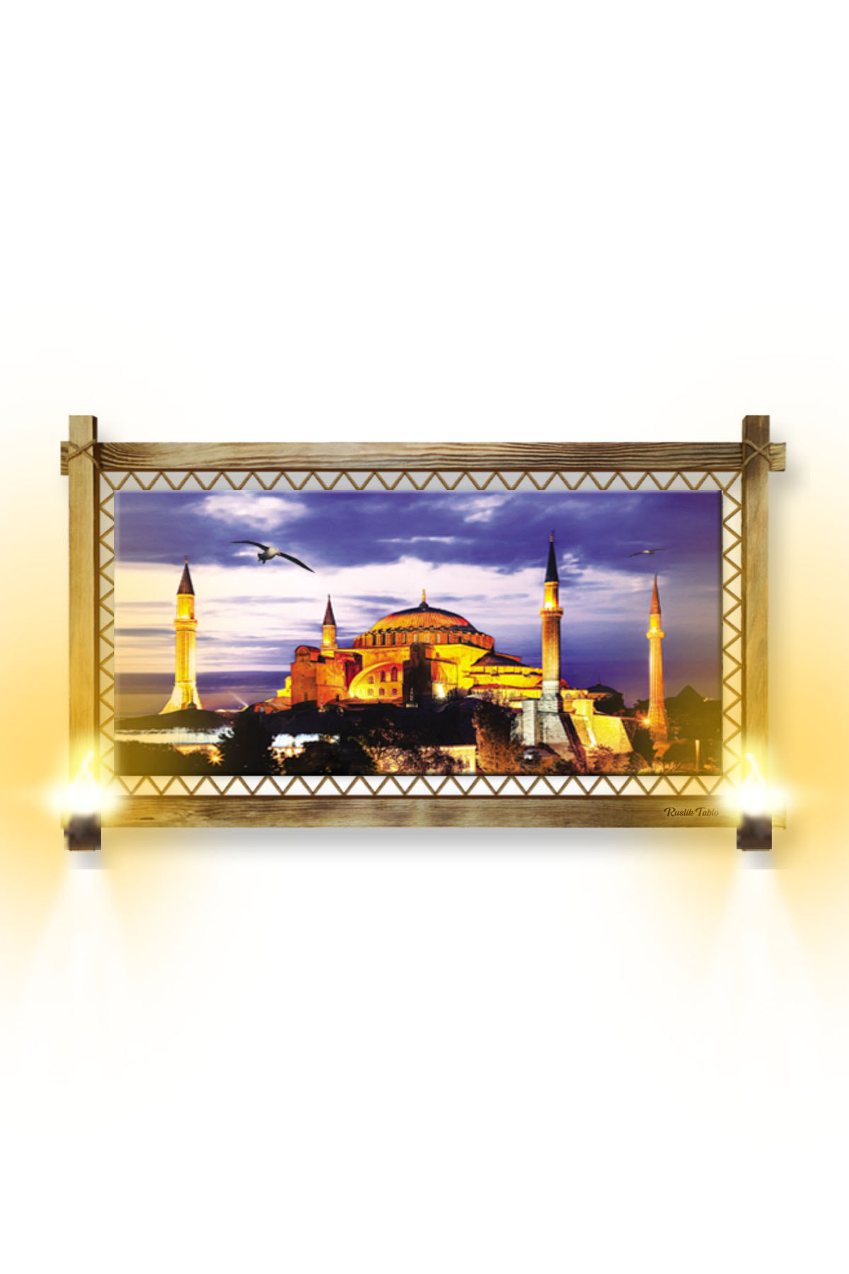 CLZ104  RUSTİK IŞIKLI Camii Kanvas Rustik Tablo K  (96 x 66) cm