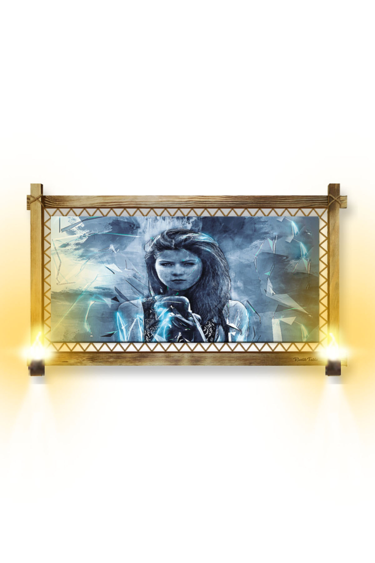 CLZ104  RUSTİK IŞIKLI Mavi Kız Kanvas Rustik Tablo K  (96 x 66) cm