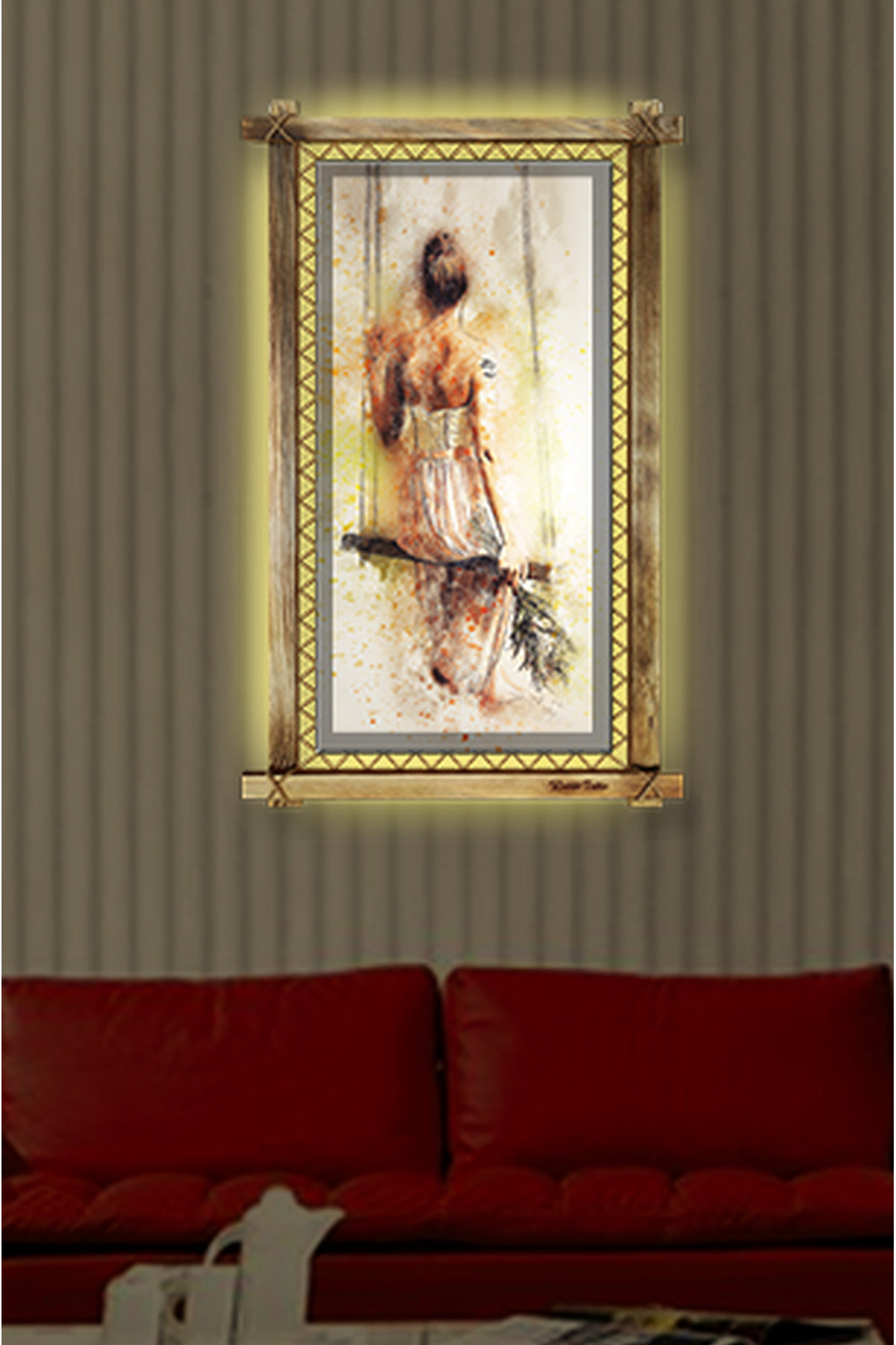 CLZ104 Salıncaklı Kız LED IŞIKLI RUSTİK kanvas tablo O  (96 x 56) cm