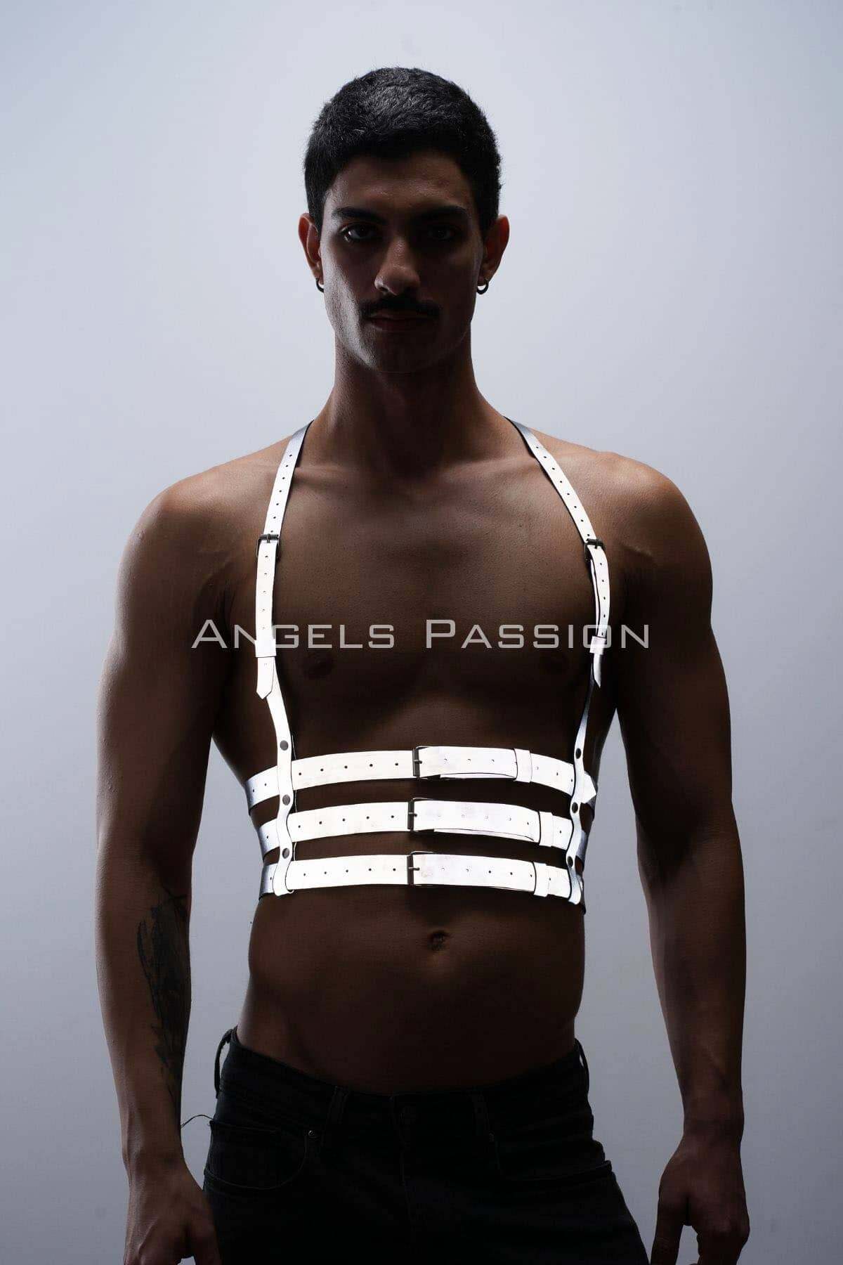 CLZ41 Reflektörlü (Karanlıkta Parlayan) Erkek Göğüs Harness, Parti Aksesuar, Clubwear - Ürün Rengi:Beyaz Reflektör