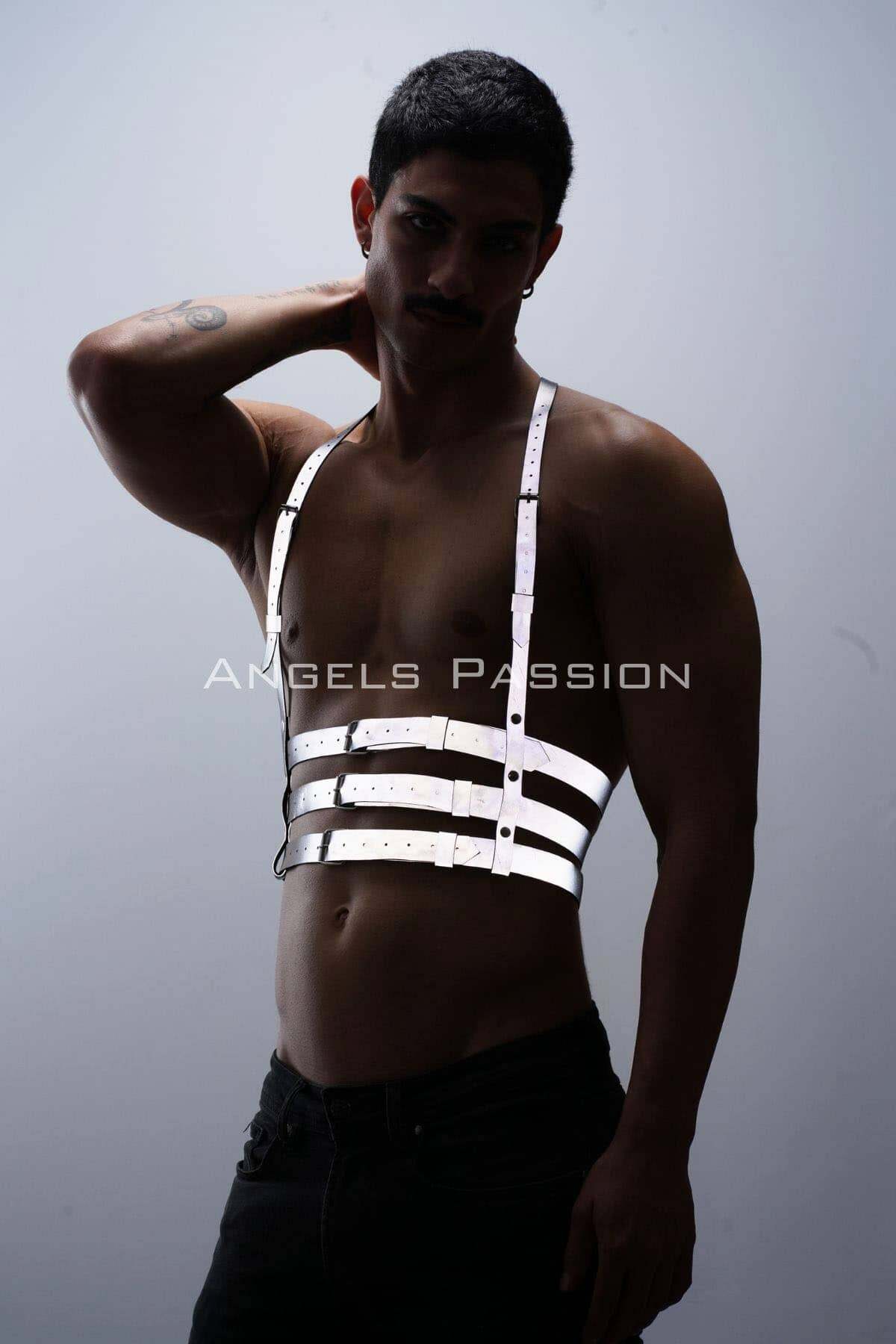 CLZ41 Reflektörlü (Karanlıkta Parlayan) Erkek Göğüs Harness, Parti Aksesuar, Clubwear - Ürün Rengi:Beyaz Reflektör