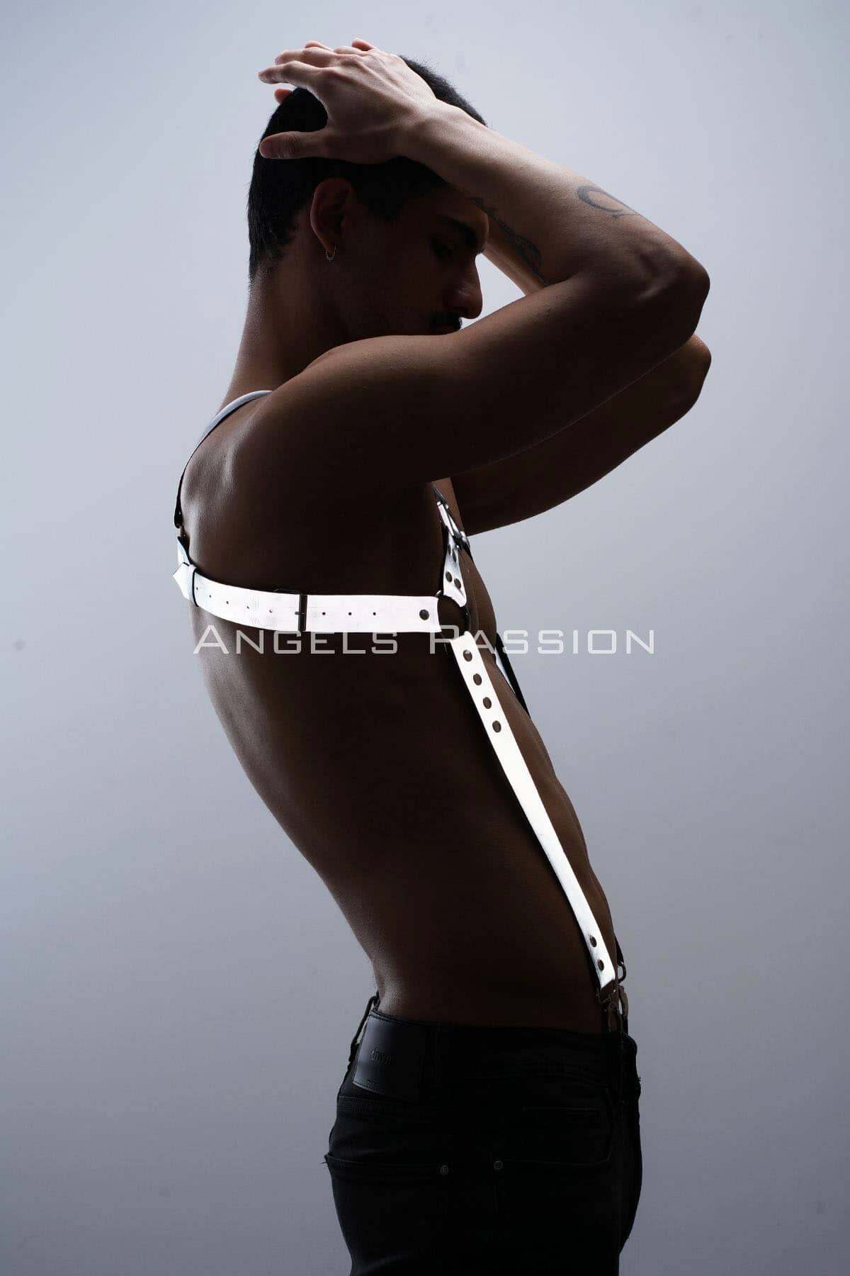 CLZ41 Reflektörlü (Karanlıkta Parlayan) Erkek Göğüs Harness, Reflektörlü Pantolon Askısı, Clubwear - Ürün Rengi:Beyaz Reflektör