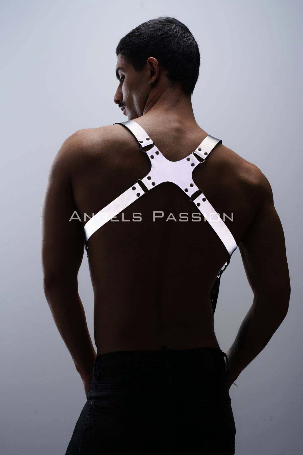 CLZ41 Reflektörlü (Karanlıkta Parlayan) Göğüs Harness, Erkek Pantolon Askısı, Reflektörlü Clubwear - Ürün Rengi:Beyaz Reflektör