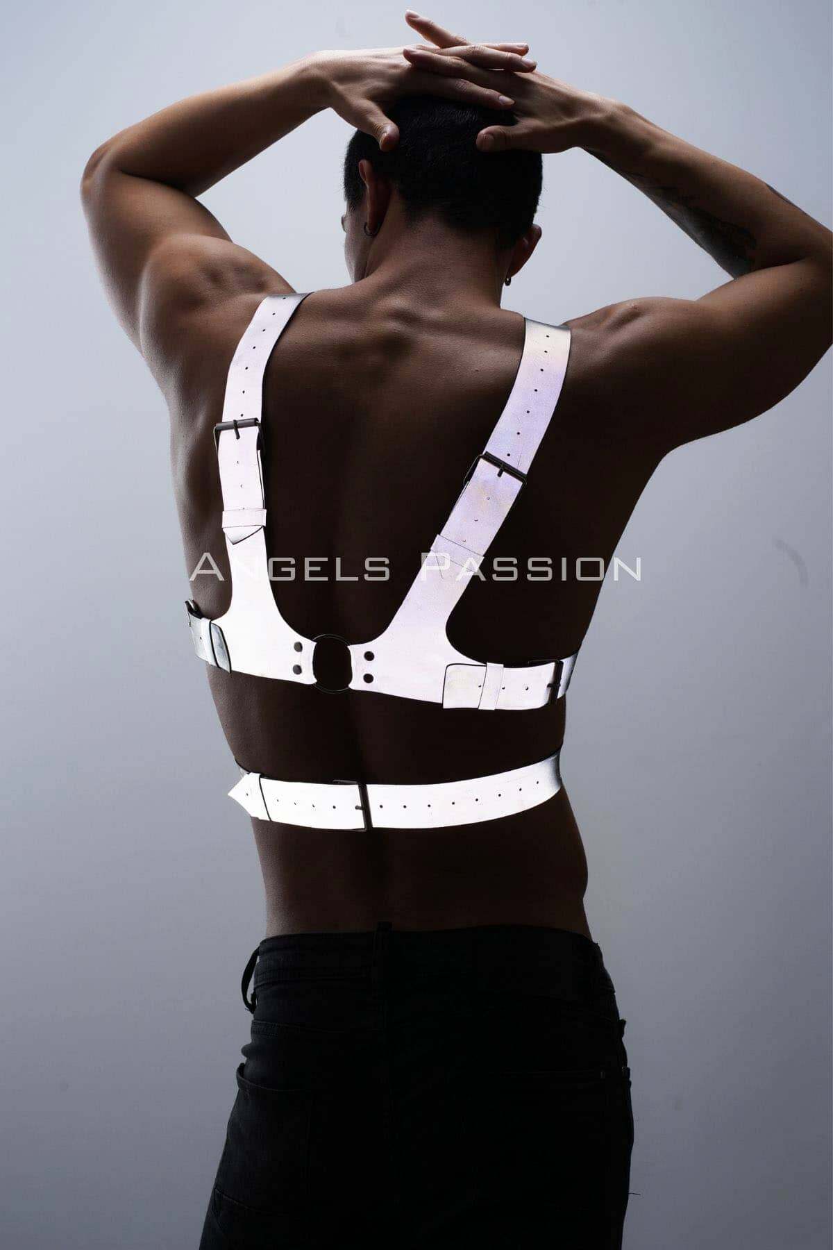 CLZ41 Reflektörlü (Karanlıkta Parlayan) Sert Göğüs Harness, Gay Harness Aksesuar, Gay Giyim - Ürün Rengi:Beyaz Reflektör